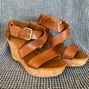 Franco Sarto Brown Strappy Cork Wedges, size 6